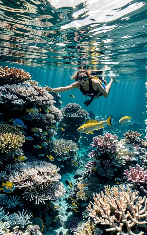 A (sexy young woman, spear gun, snorkel, flippers on feet) is spear fishing in a magical sea, all of the fish are flowers (brightly colored, many varieties) swimming this way and that (flower|fish}