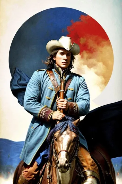 1man, boho style poster, vivid colors, warrior in a blue coat, american soldier from 1775, holding a flagpole, charging into battle, nightmare, masterpiece, missing arm, bright blue sky, hazy sky, smoke in the air, bodies on the battlefield, action shot, detailed face,
<lora:more_details>