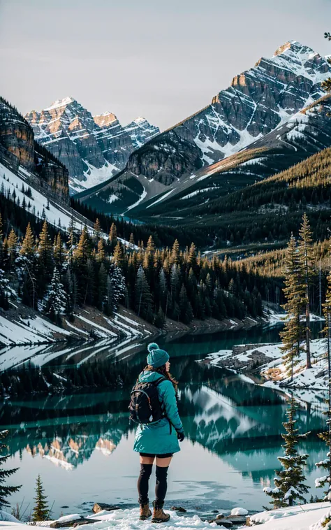 (style of Ansel Adams), [pristine wilderness:Banff National Park majesty:0.9] landscape, capturing the awe-inspiring beauty of Banff National Park, Canada, through a visitor's journey. Amidst this picturesque setting, a figure emerges, a woman who personifies the adventurous spirit of those drawn to the wild. Her attire is a ((sophisticated blend of outdoor elegance and practicality)), featuring a warm, fitted parka that reflects the icy hues of the park's turquoise lakes, paired with rugged, waterproof hiking boots ready to tread the varied terrains. Her outfit is thoughtfully accessorized with thermal gloves and a woolen beanie, ensuring warmth against the crisp mountain air, while a lightweight backpack carries essentials for her day's exploration. She stands before a breathtaking vista: the vivid turquoise waters of a glacial lake, so vibrant they seem otherworldly, contrasted against the stark, majestic backdrop of snow-capped mountains. The dense, verdant pine forests envelop the scene, adding a sense of depth and serenity. The composition captures a moment of reflection, as she gazes across the landscape, her presence small yet significant amidst the vastness of nature. The photograph encapsulates the tranquility and grandeur of Banff, with the subject serving as a bridge between the viewer and the sublime beauty of the Canadian Rockies, inviting a sense of wonder and exploration.