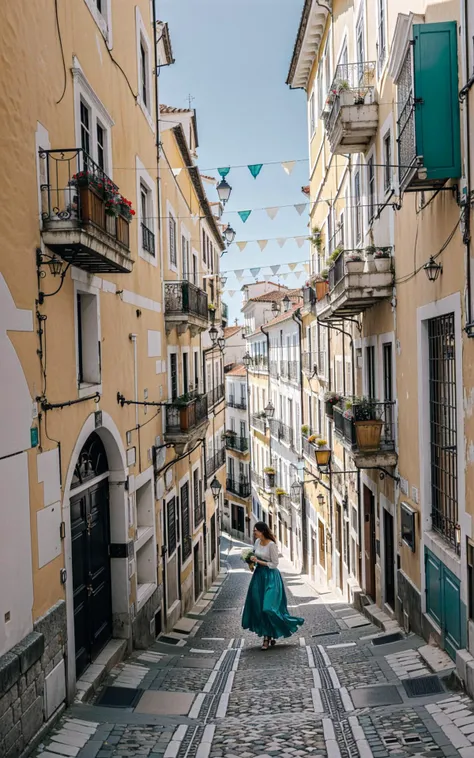 (style of Fan Ho), [vibrant Lisbon lightplay:urban texture:0.8] composition, capturing a mesmerizing moment of a woman moving through a narrow alley in Lisbon, Portugal, her form bathed in the interplay of light and shadow. Her attire, a simple yet elegant dress, mirrors the myriad of pastel hues that adorn the city's buildings, its fabric catching the sunlight that filters through the alley, creating a dynamic silhouette against the cobblestones. Her presence is accentuated by the subtle, intricate patterns of the azulejo tiles that line the walls around her, their historic designs a testament to Portuguese artistry. The scene is set within the labyrinthine hilly streets of Lisbon, where every turn reveals a new vista of architectural beauty and light. The composition focuses on the stark contrasts and soft transitions between light and shadow, crafting a narrative of exploration and discovery. The woman's path through the alley, bordered by the unique textures and colors of Lisbon's urban landscape, becomes a journey through a city alive with history and vibrant energy. This photograph captures a fleeting moment of connection between the subject and her surroundings, where the interplay of light and shadow tells a story of the day's beginning or end. It's a celebration of Lisbon's architectural charm, from the variegated pastel-colored buildings to the decorative azulejo tiles that offer a glimpse into the past. The image is a poetic reflection on the beauty of the mundane, transforming an ordinary walk through the city into an extraordinary exploration of light, texture, and color.
