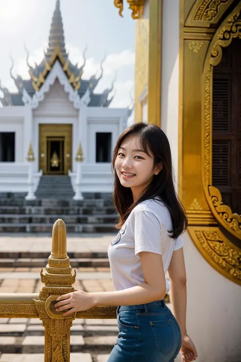 (tourism photography:1.2), natural light, (soft light:1.6), highly intricate detailed background, subsurface scattering, (dynamic_pose, far shot, long shot, (spaces around subject, (wide angle:1.2):1.2):1.2), BREAK,
A young attractive (Korean_ethnicity:1.3) girl age 18 years old wearing cap and (long_white_tshirt:1.4) and blue_denim_pants, (happy eyes, happily smile:1.3), cute and lovely posing in font of (Wat Thailand temple:1.4), BREAK,
(pale_skin:1.6), sun glasses, big breasts, BREAK, leisurely day, admirable magnificent majestic ancient legacy, craftmanship, culture and tradition,
(Wat Thailand temple (far away:1.4) in background, Thai_architecture:1.6), BREAK, linevichit design, linekanok design <lora:linevichit3:0.7>