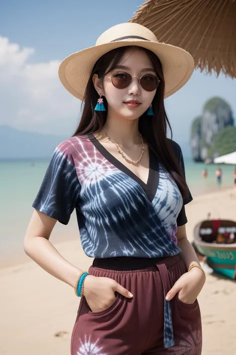 tourism photography, natural light, soft light, highly detailed background, (dynamic_pose, far shot, long shot, (more spaces around subject:1.2):1.2), BREAK,
A young attractive (Korean_ethnicity:1.6) girl age 18 years old wearing straw hat and (vibrant tie_dye_blouse:1.2) and (wrapped_pants:1.4) happily smile, cute and lovely posing on the beach of (Ao Nang, Krabi, Thailand:1.2), BREAK,
(pale_skin:1.6), brown_hair, sun glasses, simple earrings, beads necklaces, bead bracelets, bare feet, (big breasts:0.8)
