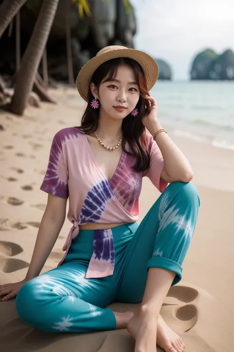 tourism photography, natural light, soft light, highly detailed background, (dynamic_pose, far shot, long shot, (more spaces around subject:1.2):1.2), BREAK,
A young attractive (Korean_ethnicity:1.6) girl age 18 years old wearing straw hat and (vibrant tie_dye_blouse:1.2) and (wrapped_pants:1.4) happily smile, cute and lovely posing on the beach of (Ao Nang, Krabi, Thailand:1.2), BREAK,
(pale_skin:1.6), brown_hair, sun glasses, simple earrings, beads necklaces, bead bracelets, bare feet, (big breasts:0.8)