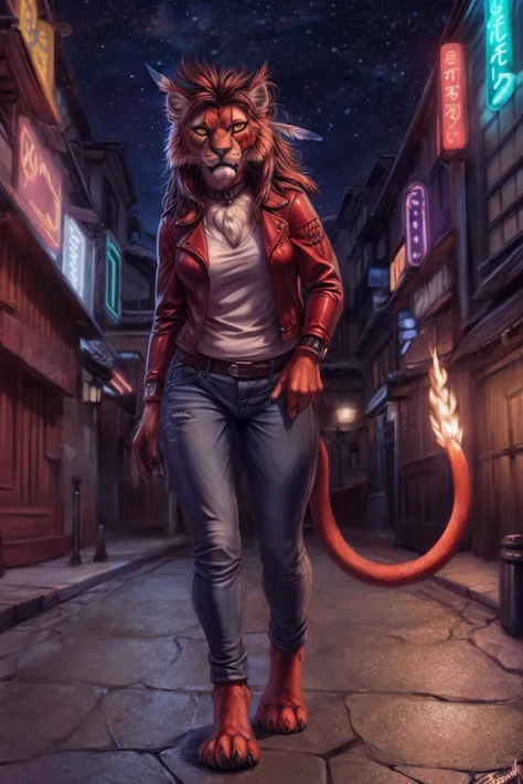 by personalami, by honovy, red xiii, (female:1.2), solo, (flaming tail), (tail), night, feather, fangs, markings, long hair, yellow eyes, lion tail, paws, claws, clothed, leather jacket, jeans, tokyo, street, neon lights,