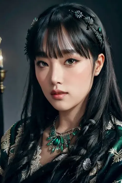 a beautiful empress portrait, black hair, perfect eyes, clothes Santa robes, everything Christmas, snow, symmetrical, dramatic studio lighting, rococo, baroque, greens, asian, hyperrealism, closeup, D&D, fantasy, intricate, elegant, highly detailed, digital painting, artstation, octane render, 8k, concept art, matte, sharp focus