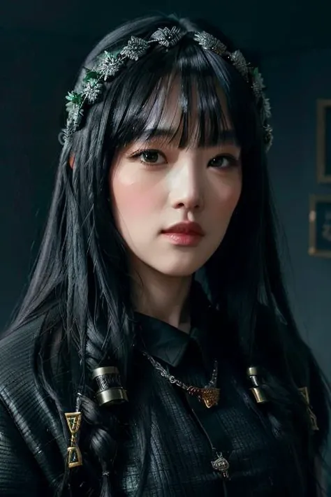 a beautiful empress portrait, black hair, perfect eyes, clothes Santa robes, everything Christmas, snow, symmetrical, dramatic studio lighting, rococo, baroque, greens, asian, hyperrealism, closeup, D&D, fantasy, intricate, elegant, highly detailed, digital painting, artstation, octane render, 8k, concept art, matte, sharp focus