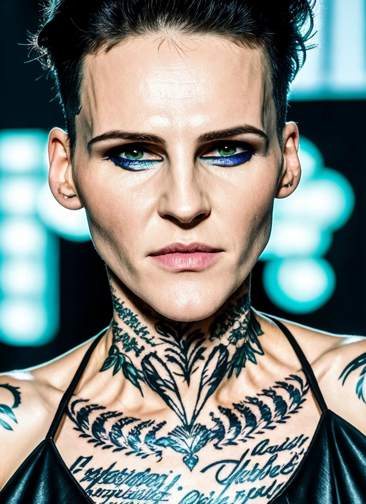 Detailed render 3d illustration portrait cyberpunk (sks woman) (35 year old sks woman), futuristic neon reflective wear, sci-fi, robot parts, ismail inceoglu dragan bibin hans thoma greg rutkowski alexandros pyromallis nekro rene margitte illustrated, perfect face, ((tattoo)), matte skin, pores, wrinkles, hyperdetailed, hyperrealistic, Moody Lighting, Hasselblad Award Winner, Soft Diffuse Lighting, Smirk, machine face, fine details, realistic shaded, intricate, elegant,
intricate portrait photo of beautiful sks woman, cn ink, green background, eyeshadow <lora:cn_ink:0.3>
skindentation, <lora:skindentation_1:0.15> <lora:skinup:0.15>
<lora:locon_perfecteyes_v1_from_v1_64_32:0.2> perfecteyes,
(metart), best quality, ultra high res, 8K, raw,
(highly detailed skin, fully sharp: 1.2),
(epiCPhoto:0.6) <lora:skin_slider_v2_1_FACE:0.3>, matte skin, pores, <lora:locon_agnieszkachylinska_v1_from_v1_64_32:0.7> <lora:lora-small-agnieszka-chylinska-v1:0.65>