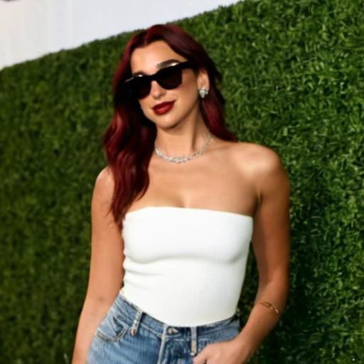 <lora:dua_loha:1>du4, dua lipa, sunglasses, pants, 1girl, bag, short hair, shirt, red lips, outdoors, swim suit, smiling
