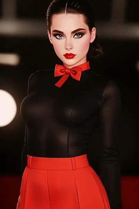 photo of a woman,(serious), ((bowtie, shirt, skirt, bodysuit):1.2), ((short hair, dark brown hair)), ((on stage, spotlightsl):1.1), ((cowboy shot, waist, hips, thighs):1.2), ((red lipstick, makeup)), ((best quality, masterpiece, extreme details, high resolution):1.2),((detailed eyes, beautiful eyes, detailed face, beautiful face):1.2) <lora:robertpalmer-08:0.6>, robert palmer style, heavy eye shadow, neat hair, slick hair, heavy eyeliner, bright red lipstick, hair tied back