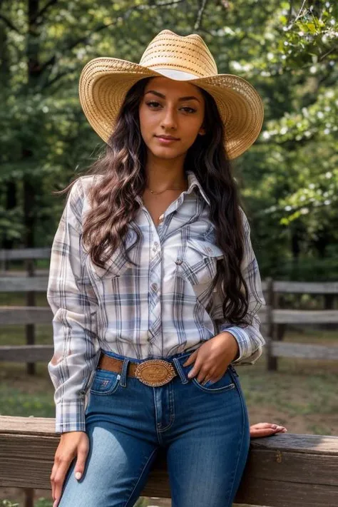 DEN_jasminx_OF,
(country beauty posing against a wooden fence with a plaid shirt and jeans and a cowboy hat, cow girl, country girl, cow girl:1.2),
bokeh, f1.4, 40mm, photorealistic, raw, 8k, textured skin, skin pores, intricate details  <lora:epi_noiseoffset2:1>, epiCRealism