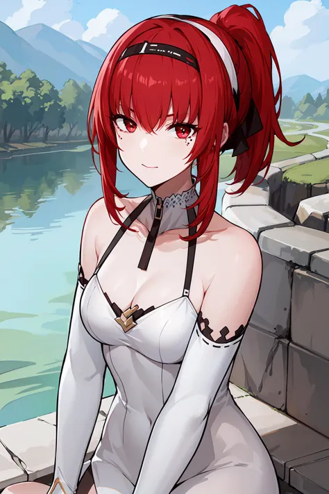 best quality, masterpiece, <lora:VeraPGRgarnetv1:0.7>verapgr_garnet, ponytail, off shoulder, long sleeves, white dress, white choker, looking at viewer, mole, river, headband,