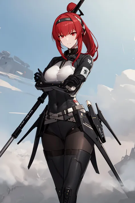 best quality, masterpiece, <lora:VeraPGRgarnetv1:0.7>verapgr_garnet, ponytail, black and white jacket, armored gloves, pantyhose, high heel boots, mechanical scabbard, headband, mole, looking at viewer, holding polearm, mole, crossed arms, cowboy shot, holding polearm, battlefield,