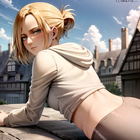 (best quality, masterpiece), <lora:AnnieAOT:1> , AnnieAOT, solo, hood, hoodie, looking_at_viewer, day, sky, cloud, closed_mouth, outdoors, hood_down, long_sleeves, blue_sky, white_hoodie, blush, ass, building, cropped_hoodie, crop_top, from_side, pants, yoga_pants
