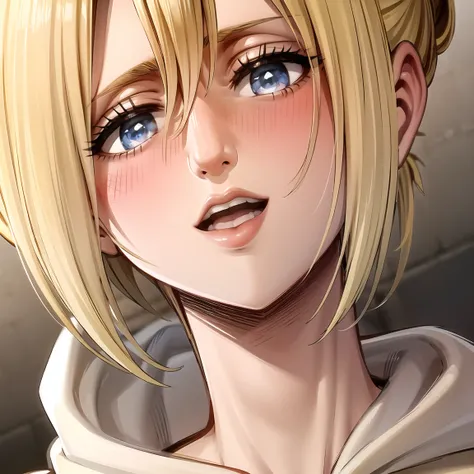 (bestquality,masterpiece), <lora:AnnieAOT:1> ,AnnieAOT, solo, hood, hoodie, looking_at_viewer, blush, open_mouth, close-up, hair_between_eyes, teeth