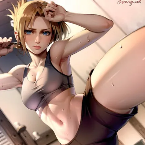 (best quality, masterpiece), <lora:AnnieAOT:1> , AnnieAOT,  solo , fighting stance , sports bra, shorts, sweat