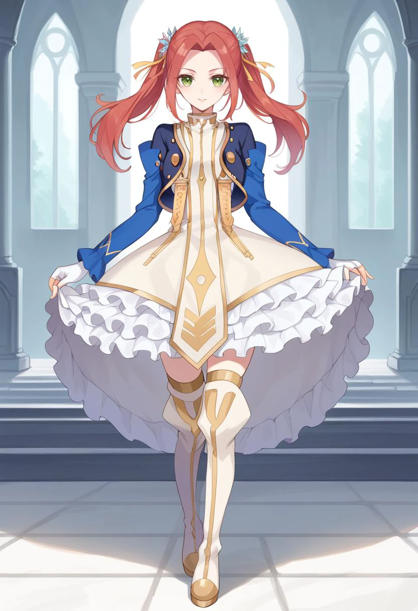 score_9, score_8_up, score_7_up, best quality, masterpiece, 4k, uncensored, prefect lighting, very aesthetic, anime BREAK eleanor hume, green eyes, twintails, short dress, red hair, hair ornament, thigh boots, cropped jacket, frills, fingerless gloves, castle, full body, <lora:Eleanor_Hume_Pony:1>