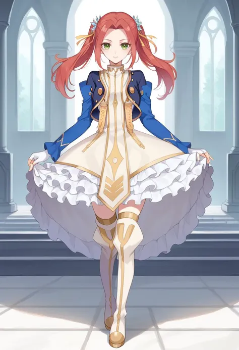 score_9, score_8_up, score_7_up, best quality, masterpiece, 4k, uncensored, prefect lighting, very aesthetic, anime BREAK eleanor hume, green eyes, twintails, short dress, red hair, hair ornament, thigh boots, cropped jacket, frills, fingerless gloves, castle, full body,  <lora:Eleanor_Hume_Pony:1>