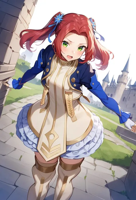 masterpiece, best quality, very aesthetic, absurdres, eleanor hume, green eyes, twintails, short dress, red hair, hair ornament, thigh boots, cropped jacket, frills, fingerless gloves, castle, full body,  <lora:Eleanor_Hume_XL:1>