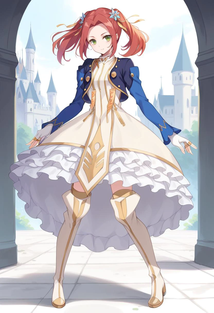 score_9, score_8_up, score_7_up, best quality, masterpiece, 4k, uncensored, prefect lighting, very aesthetic, anime BREAK eleanor hume, green eyes, twintails, short dress, red hair, hair ornament, thigh boots, cropped jacket, frills, fingerless gloves, castle, full body, <lora:Eleanor_Hume_Pony:1>