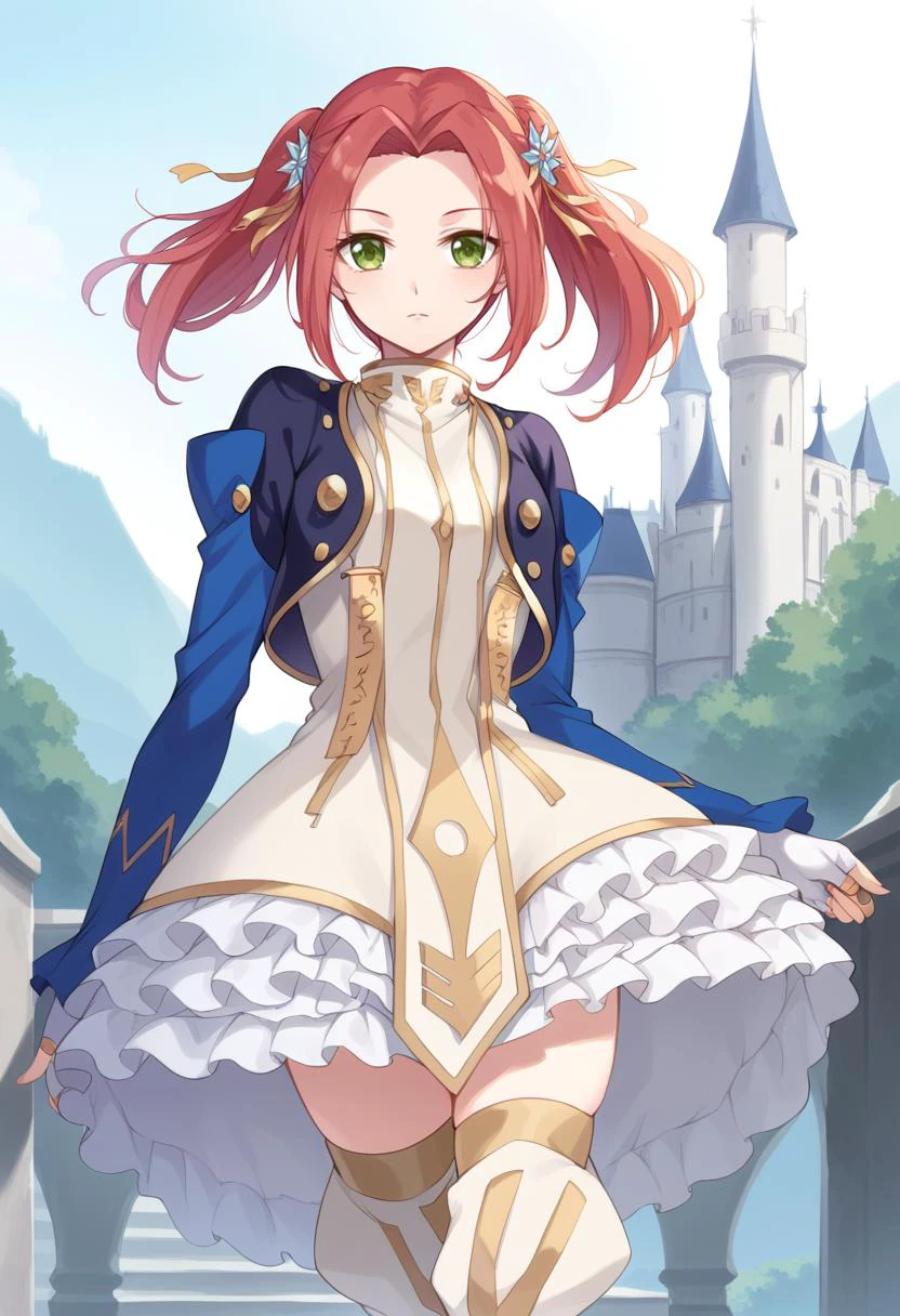 score_9, score_8_up, score_7_up, best quality, masterpiece, 4k, uncensored, prefect lighting, very aesthetic, anime BREAK eleanor hume, green eyes, twintails, short dress, red hair, hair ornament, thigh boots, cropped jacket, frills, fingerless gloves, castle, <lora:Eleanor_Hume_Pony:1>