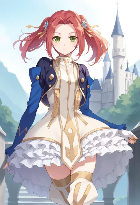 score_9, score_8_up, score_7_up, best quality, masterpiece, 4k, uncensored, prefect lighting, very aesthetic, anime BREAK eleanor hume, green eyes, twintails, short dress, red hair, hair ornament, thigh boots, cropped jacket, frills, fingerless gloves, castle,  <lora:Eleanor_Hume_Pony:1>