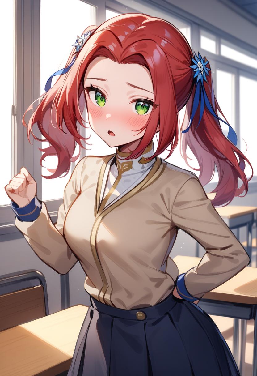 Anime girl with red hair and green eyes in a classroom - SeaArt AI