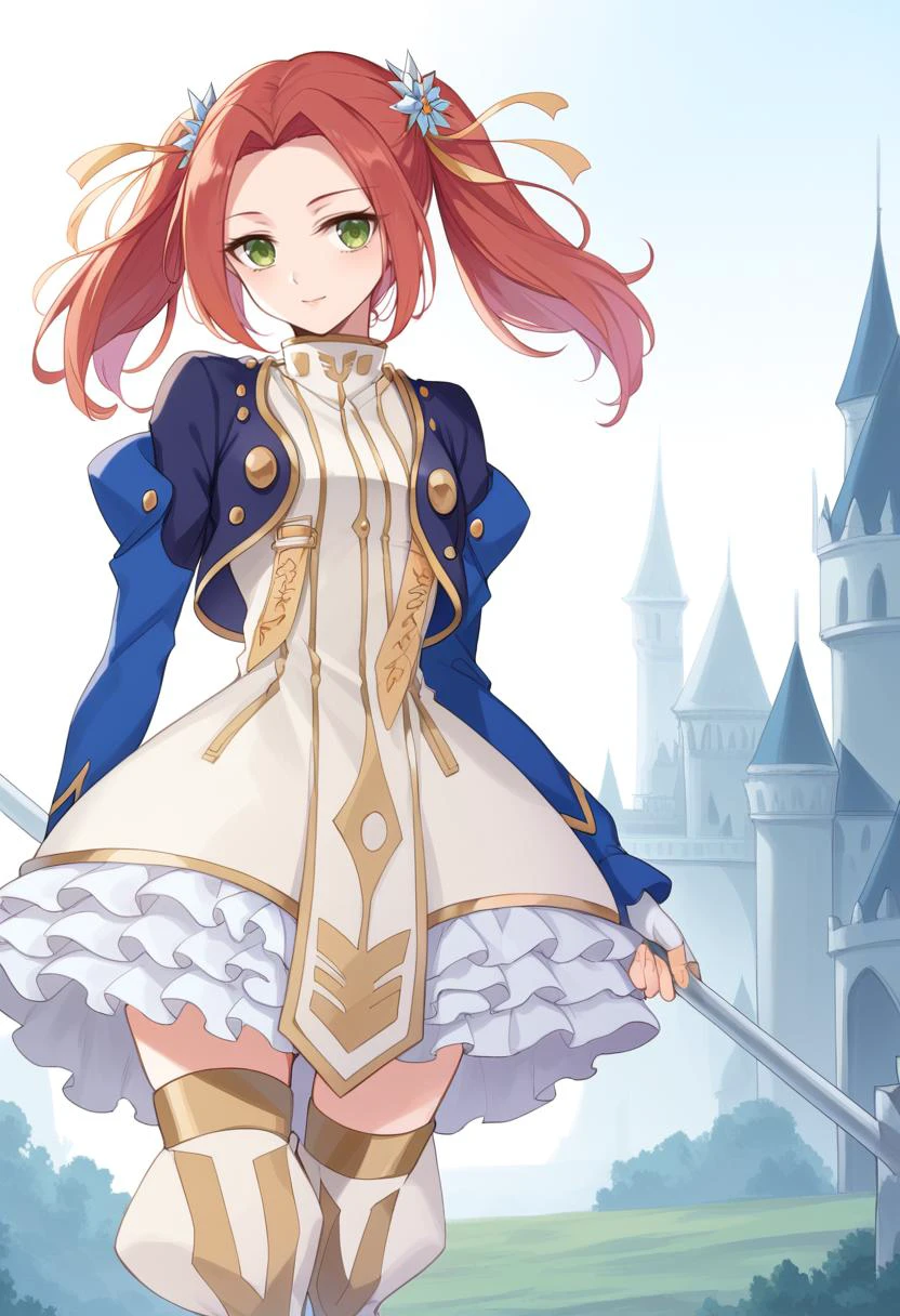 score_9, score_8_up, score_7_up, best quality, masterpiece, 4k, uncensored, prefect lighting, very aesthetic, anime BREAK eleanor hume, green eyes, twintails, short dress, red hair, hair ornament, thigh boots, cropped jacket, frills, fingerless gloves, castle, <lora:Eleanor_Hume_Pony:1>