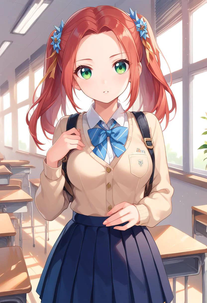 score_9, score_8_up, score_7_up, eleanor hume, medium breasts, green eyes, twintails, red hair, hair ornament, school uniform, classroom, <lora:Eleanor_Hume_Pony:1>