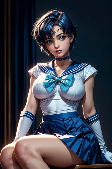 masterpiece, top-quality, hight resolution, 8K, Hi-Res, ultra-detailliert, 1girl in, (Anatomically correct), Full limbs, complete fingers, Slender 18 year old beautiful active girl, Brown-eyed, Slender eyes, A dark-haired, extra very short hair, (Black skin:1.2), (Sailor Moon: 1.3), (white leotard), (Blue sailor color), the bow, (Over-the-knee boots:1.1), a choker, (white glove), Blue choker, (elbowgloves), (a blue skirt), sole、Big Tits, Solo, (Curve:1.1), best quality,1woman,nsfw,smile, Hi3GB, giga_busty, gigantic breasts
