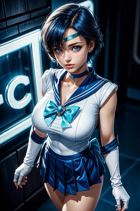 (ultra realistic,32k, masterpiece:1.2),(high detailed skin:1.1),( high quality:1.1),
<lora:EPsmSailorMercury:0.7>EPsmSailorMercury, short hair, blue hair, (blue eyes:0.5), skirt, white gloves, tiara, choker, pleated skirt, blue skirt, gloves, circlet, blue choker,  elbow gloves, sailor collar, back bow, sailor senshi uniform, jewelry, bow, blue bow, magical girl, blue sailor collar, blank background blurry background,,(looking at viewer, standing, from above:1.1),, huge breast,large breast,,<lora:add_detail:0.75>,
(neon light:1.1),