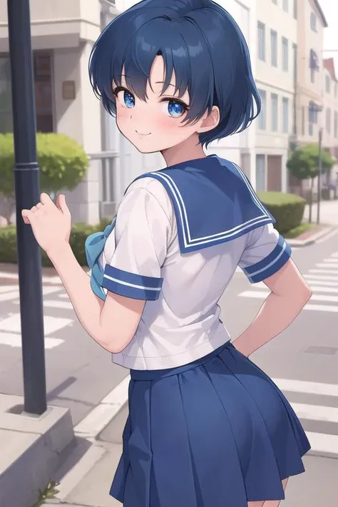 masterpiece, best quality,ultra detail,girl, EPsmSailorMercury,blue shorthair <lora:EPsmSailorMercury:0.7>,smile,blue skirt,blue ribbon,sailor uniform,stylish pose,blush,from back,town,street,