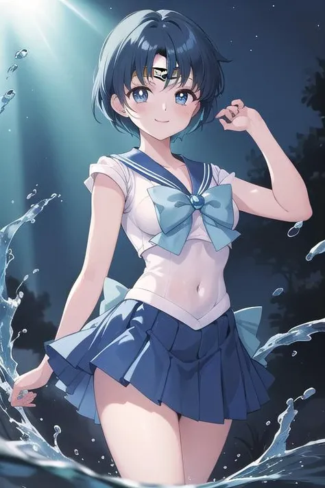 masterpiece, best quality,ultra detail,girl, EPsmSailorMercury,water,night,splash,blue shorthair <lora:EPsmSailorMercury:0.9>,smile,blue skirt,blue ribbon,sailor collar,stylish pose,tiara
