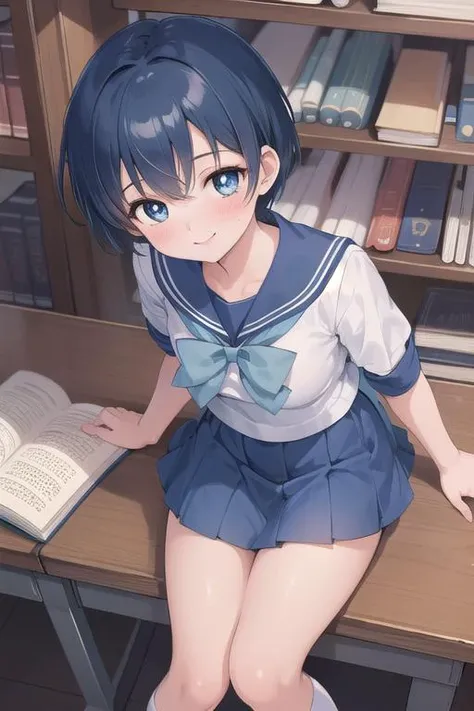 masterpiece, best quality,ultra detail,girl, EPsmSailorMercury,blue shorthair <lora:EPsmSailorMercury:0.8>,smile,blue skirt,blue ribbon,sailor uniform,blush,book,library,desk,sitting, reading,from above