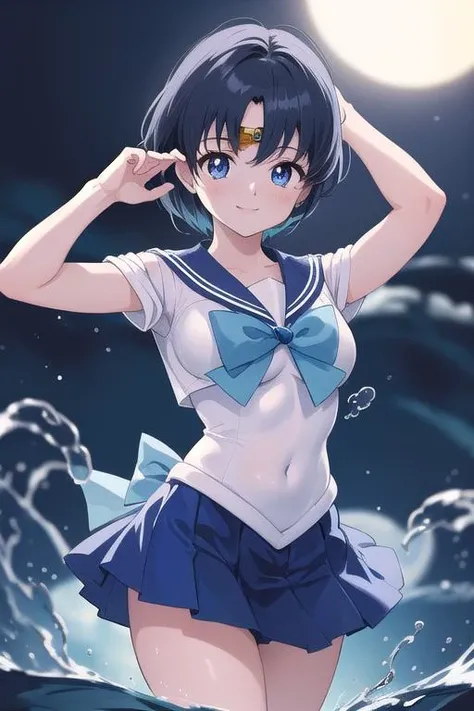 masterpiece, best quality,ultra detail,girl, EPsmSailorMercury,water,night,splash <lora:EPsmSailorMercury:0.9>,smile,blue skirt,blue ribbon,sailor collar,stylish pose
