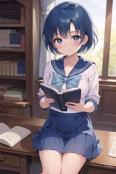 masterpiece, best quality,ultra detail,girl, EPsmSailorMercury,blue shorthair <lora:EPsmSailorMercury:0.8>,smile,blue skirt,blue ribbon,sailor uniform,blush,book,library,desk,sitting, reading