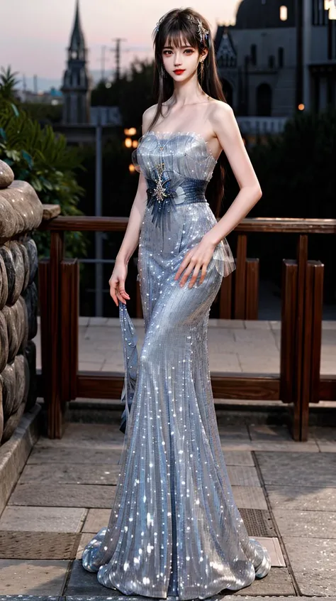 masterpiece,best quality,(detailed face, perfect face, perfect eyes, realistic eyes, perfect fingers),(clear face),fantasy girl,long hair,hair ornaments,looking at viewer,outdoors,intricate,high detail,sharp focus,dramatic,beautiful girl,full body,standing,
<lora:add_detail:0.8>,
<lora:Blue gradient fishtail evening dress_20230707120950:0.75> blue dress,long dress,bare shoulders,strapless,