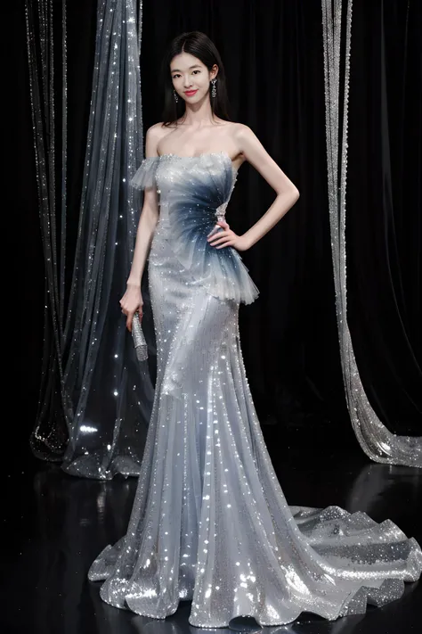 ultra-detailed,masterpiece,finely detail,highres,8k wallpaper,curtains, 1girl, solo, skirt, black_hair, frills, indoors, on the stage, head_out_of_frame, blue dress,long dress,bare shoulders,strapless,smile, <lora:Blue gradient fishtail evening dress_20230707120950:0.8>,<lora:add_detail:0.5>,full body
