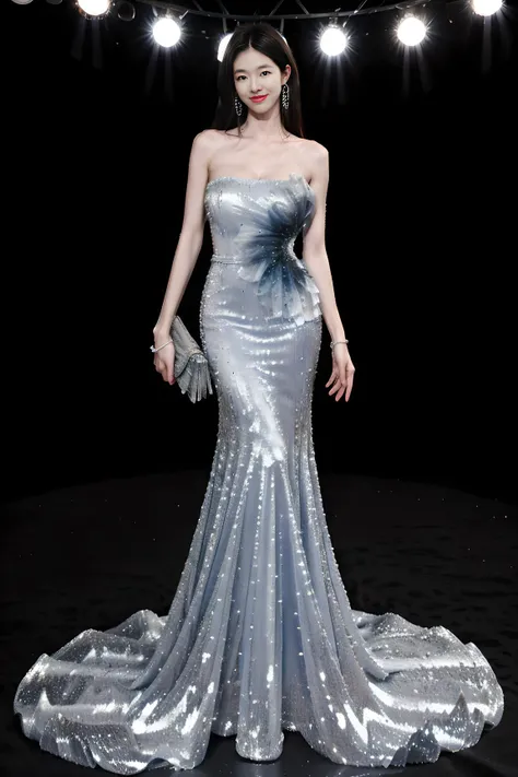 ultra-detailed,masterpiece,finely detail,highres,8k wallpaper,curtains, 1girl, solo, skirt, black_hair, frills, indoors, on the stage, head_out_of_frame, blue dress,long dress,bare shoulders,strapless,smile, <lora:Blue gradient fishtail evening dress_20230707120950:0.8>,<lora:add_detail:0.5>,full body