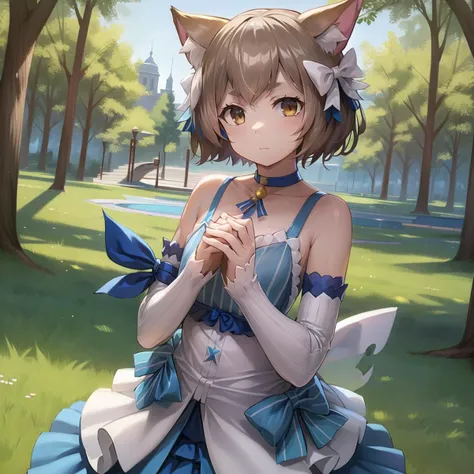 masterpiece, best quality, beautiful, Felix Argyle, short hair, 1boy, dress, detached sleeves, cat ears, otoko no ko, brown hair, bow, choker, cat tail, ribbon, bangs, brown eyes, thighhighs ((looking at viewer)), (in a park), (perfect hands), beautiful background, <lora:GoodHands-vanilla:1>  <lora:FelixArgyle:.8>
