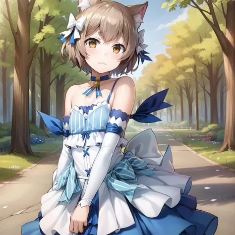 masterpiece, best quality, beautiful, Felix Argyle, short hair, 1boy, dress, detached sleeves, :3, cat ears, otoko no ko, brown hair, bow, choker, cat tail, ribbon, bangs, brown eyes, thighhighs ((looking at viewer)), (in a park), beautiful background, <lora:GoodHands-vanilla:1> <lora:FelixArgyle:.8>