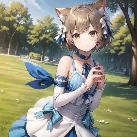 masterpiece, best quality, beautiful, Felix Argyle, short hair, 1boy, dress, detached sleeves, cat ears, otoko no ko, brown hair, bow, choker, cat tail, ribbon, bangs, brown eyes, thighhighs ((looking at viewer)), (in a park), (perfect hands), beautiful background, <lora:GoodHands-vanilla:1>  <lora:FelixArgyle:.8>