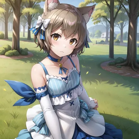 masterpiece, best quality, beautiful, Felix Argyle, short hair, 1boy, dress, detached sleeves, :3, cat ears, otoko no ko, brown hair, bow, choker, cat tail, ribbon, bangs, brown eyes, thighhighs ((looking at viewer)), (in a park), beautiful background, <lora:GoodHands-vanilla:1> <lora:FelixArgyle:.8>