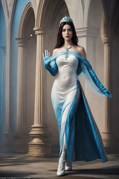 full body of one woman, priestess, extremely beautiful and delicate face, brown eyes, long straight black hair, (white and blue long dress:1.5), boots, (empty hands:1.5), mysterious, intricate jewelry, silver tiara, cathedral interior background, detailed background, intricate background, dreamlike diffuse ethereal lighting, highly detailed face, highly detailed eyes, sharp focus, depth of field, vfx, (masterpiece, max quality, absurdres:1.4), (photorealistic:1.5), colorful, wallpaper, 8K, bright colors, high contrast, perfect picture, (oil painting:1.4), ((fantasy art)), good anatomy, good composition, good proportions, good design, dynamic pose, good pose, realistic backgrounds, (cinematic), (cinematic camera angle), dark fantasy illustration, beautiful, stunning, gorgeous, detailed, intricate, (perfect lighting, perfect shading), volumetric lighting, subsurface scattering, solo,
<lora:lilith1_v1-000002:0.7>(high detailed skin:1.1),
<lora:more_details:0.5><lora:add_detail:0.3><lora:polyhedron_skinny_all:0.2><lora:GoodHands-vanilla:1>