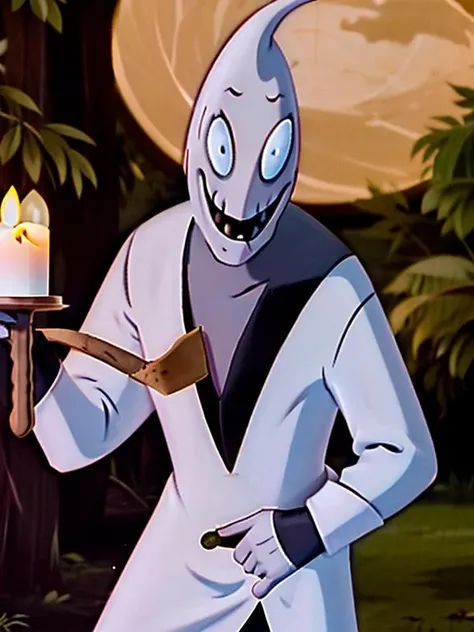 <lora:add_sharpness:0.6>, screenshot from the 1983 film, <lora:CJf:0.6> 1boy, a supernatural villain, (cartoony:1.2), cjf, fang, full body, like a boogeyman, nature, solo, white gloves, with a burlap sack over his head, dynamic action pose, close-up, smiling, holding a candlestick
