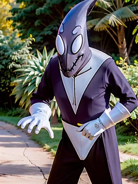 <lora:add_sharpness:0.6>, screenshot from the 1983 film, <lora:CJf:0.6> 1boy, a supernatural villain, (cartoony:1.2), cjf, fang, full body, like a boogeyman, nature, solo, white gloves, with a burlap sack over his head,  dynamic action pose, close-up, smiling,