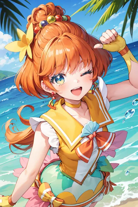 masterpiece,best quality,1girl,solo,cure papaya,orange hair,bubble skirt,hair bun,fingerless gloves,ribbon,earrings,hair ornament,choker,porch,smile,open mouth,one eye closed,(arm up,raised fist:1.2),waves,splashing,water drop,upper body,(beach),tropical,(dutch angle),from above,<lora:locon_cure_papaya_01:0.9>,<lora:Concept-control tool-add_detail-CyberAIchemist:0.3>,