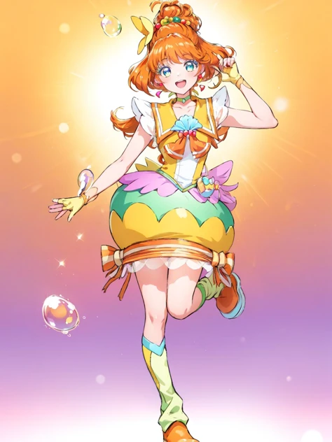(masterpiece, best quality:1.2), high resolution, intricate details, extremely detailed, finely detailed, cinematic lighting, depth of field, (full body, frontal photography, looking at viewer), mami, solo, 1girl, a Japanese idol singing, smiling, short hair curls, bangs, hair between eyes, purple hair, detailed face, detailed eyes, pale skin, subsurface scattering, medium breasts, (choker, yellow dress, frilled dress, frilled socks, high heels), photo background, outdoors, concert stage, ,