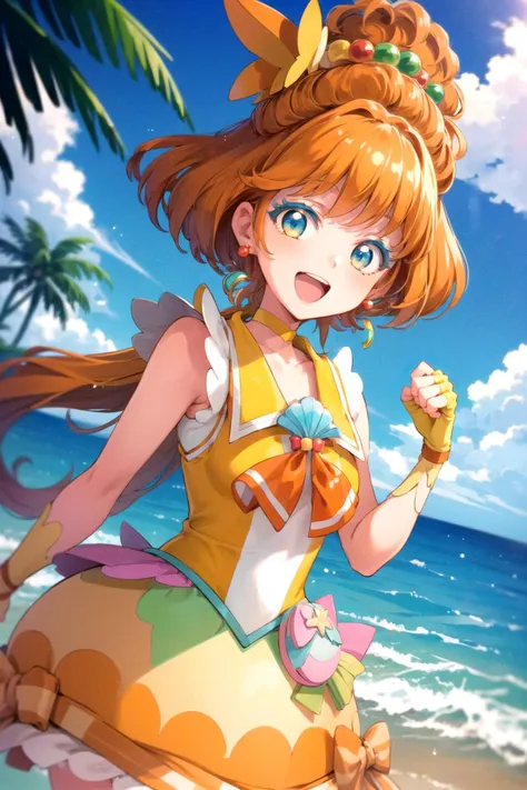 masterpiece,best quality,1girl,solo,cure papaya,orange hair,bubble skirt,hair bun,fingerless gloves,ribbon,earrings,hair ornament,choker,porch,smile,open mouth,(arm up,raised fist:1.2),waves,splashing,water drop,upper body,(beach),tropical,(dutch angle),<lora:locon_cure_papaya_01:0.9>,
