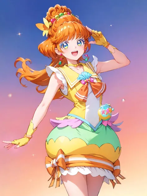 masterpiece, best quality, looking at viewer, depth of field, standing, open mouth, cowboy shot,
1girl, <lora:locon_cure_papaya_01:0.9>, cure papaya, bubble skirt, hair bun, fingerless gloves, ribbon, earrings, hair ornament, choker, porch, yellow footwear,
smile, ((gradient background)), lens flare,