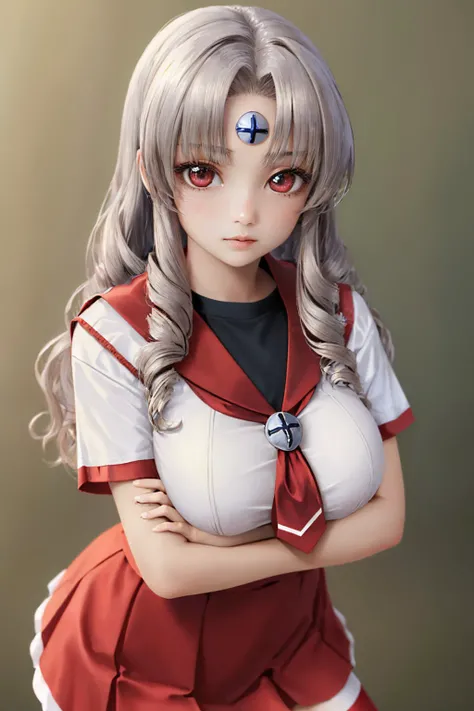 (masterpiece, best quality:1.2), cowboy shot, solo, 1girl, vistake, dark skin, dark-skinned female, expressionless, looking at viewer, crossed arms, school uniform, serafuku, red skirt, striped thighhighs, large breasts <lora:os-tan_vistake:1.0>